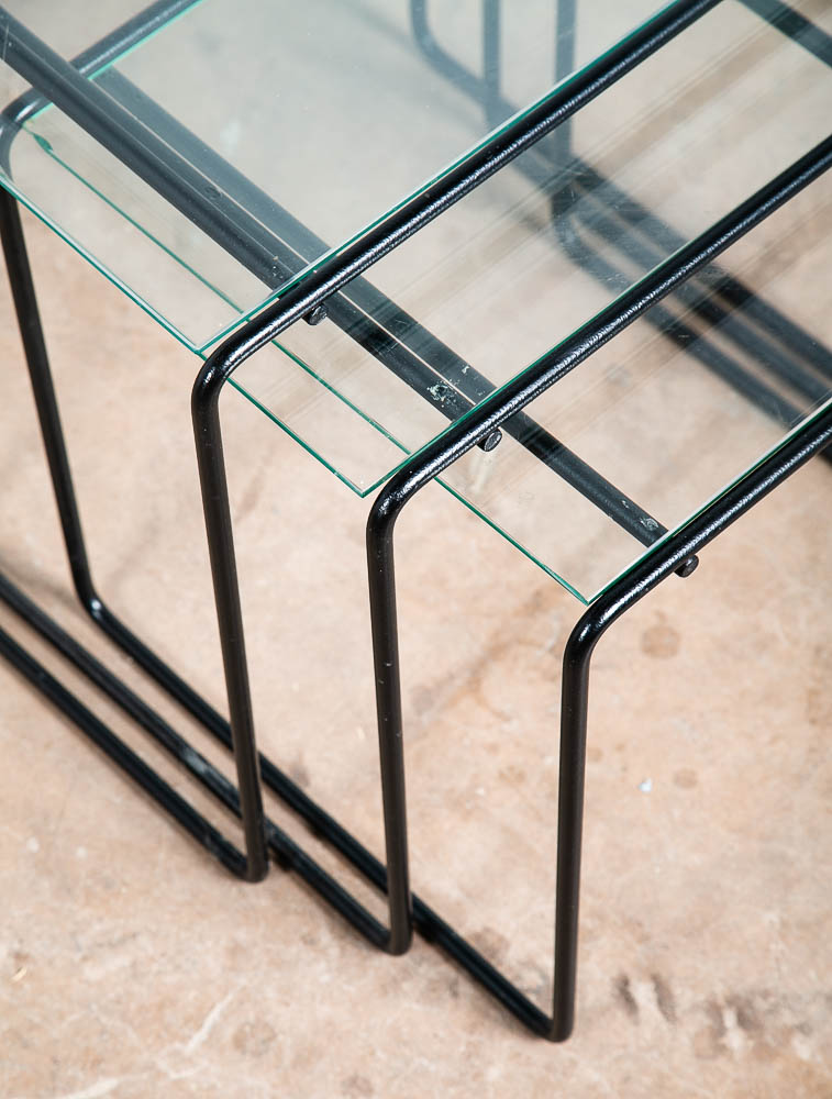 Mid Century Post Modern Nesting Tables Glass Black Iron Set 3 Adjustable Vintage - Image 8