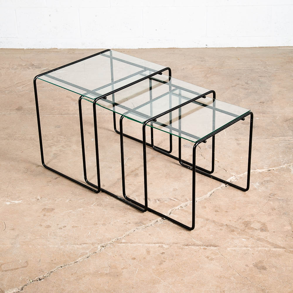 Mid Century Post Modern Nesting Tables Glass Black Iron Set 3 Adjustable Vintage