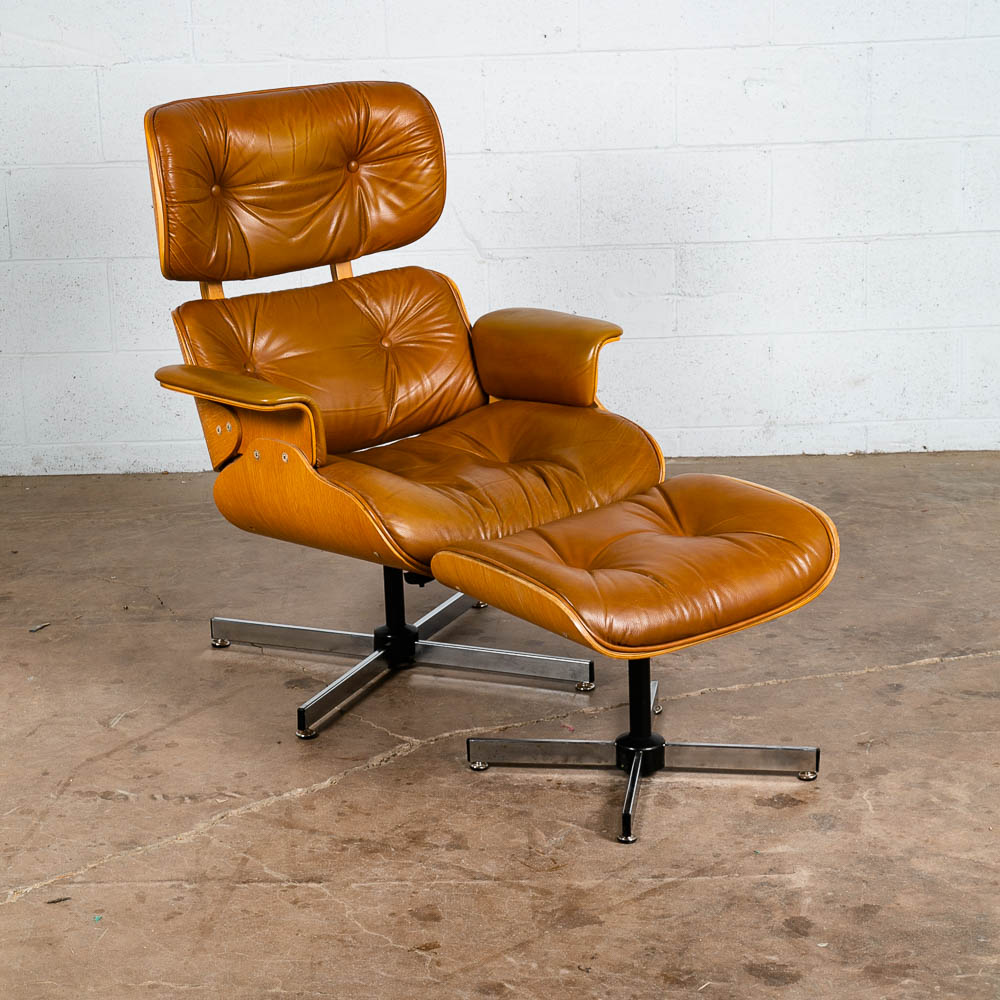 Mid Century Modern Lounge Chair Plycraft Brown Tan Leather Swivel Ottoman Wood