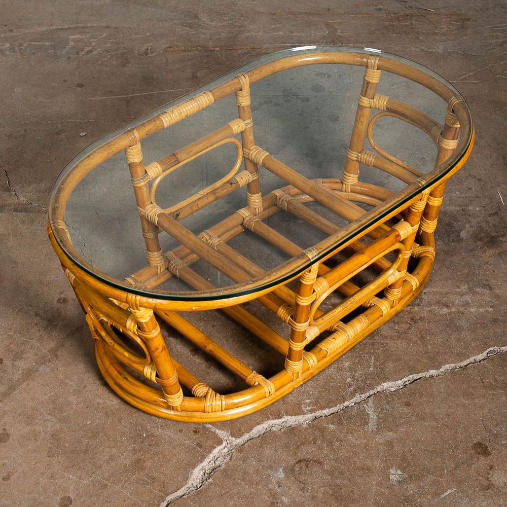 Mid Century Modern Coffee Table Round Oval Glass Rattan Basket Mcm 70s Retro Mcm - Image 4