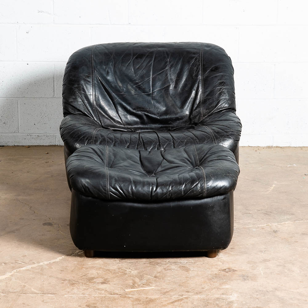 Mid Century Modern Lounge Chair Black Leather Ottoman Set 80s Vintage Retro Seat - Image 7