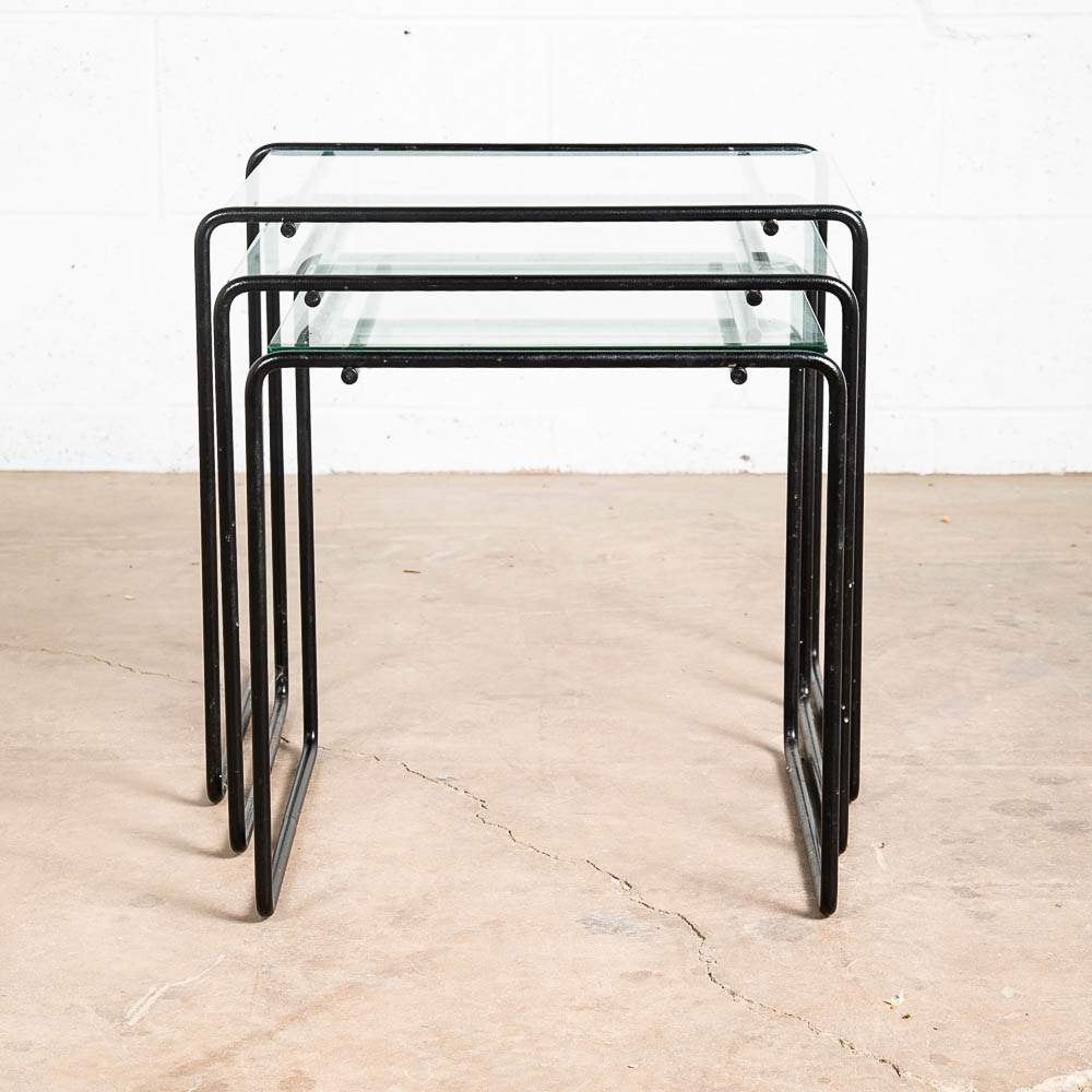Mid Century Post Modern Nesting Tables Glass Black Iron Set 3 Adjustable Vintage - Image 5