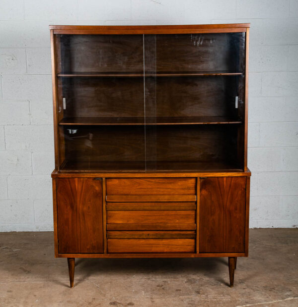 Mid Century Modern China Cabinet Hutch Bassett Walnut Display Vintage Drawers - Image 2