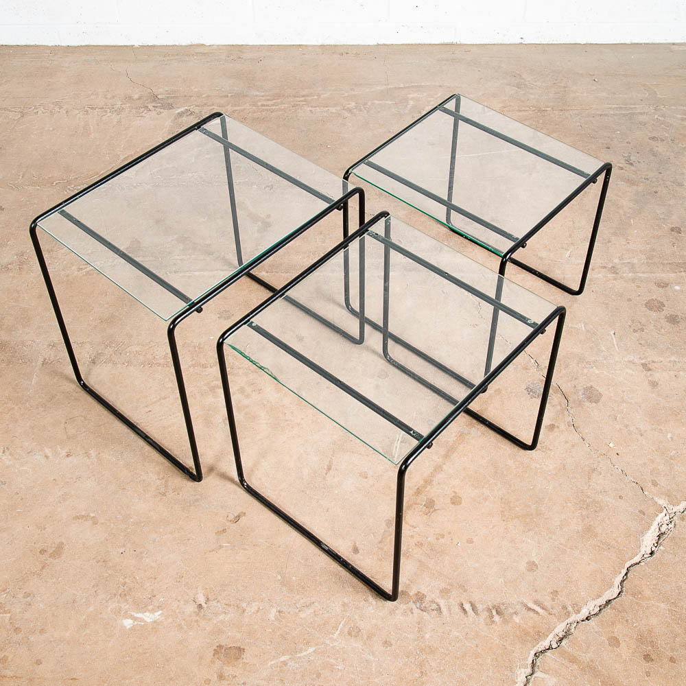 Mid Century Post Modern Nesting Tables Glass Black Iron Set 3 Adjustable Vintage - Image 7