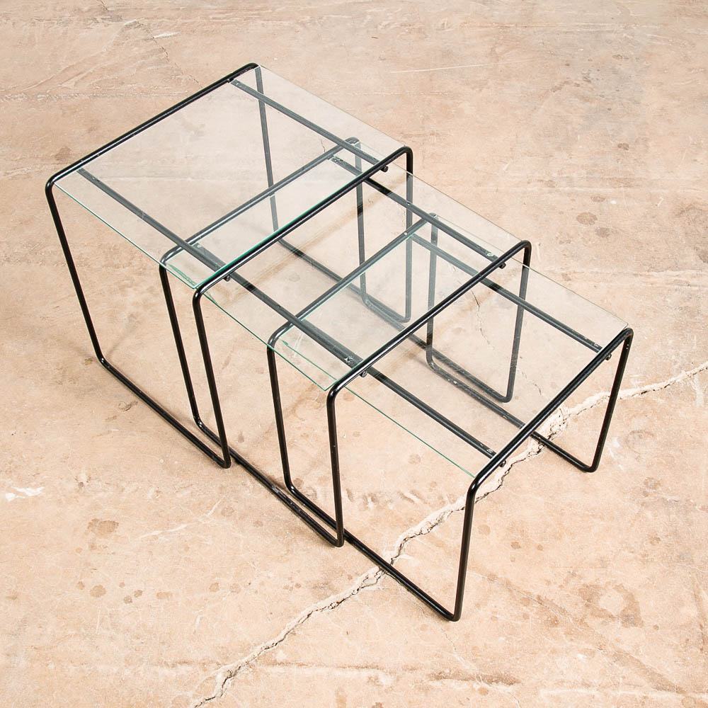 Mid Century Post Modern Nesting Tables Glass Black Iron Set 3 Adjustable Vintage - Image 4