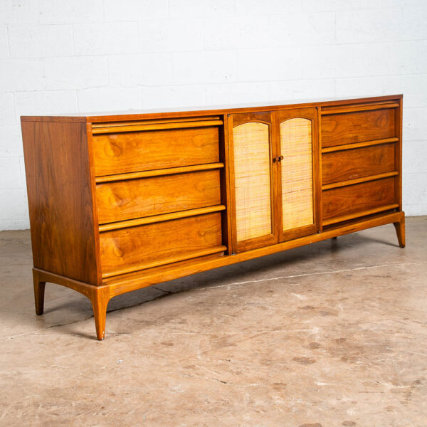Mid Century Modern Dresser Credenza Lane Rhythm Walnut 9 Drawer Wood Danish Cane