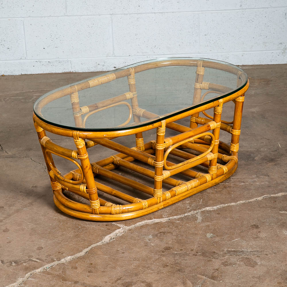 Mid Century Modern Coffee Table Round Oval Glass Rattan Basket Mcm 70s Retro Mcm