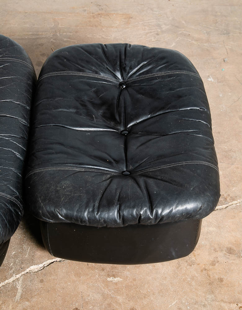 Mid Century Modern Lounge Chair Black Leather Ottoman Set 80s Vintage Retro Seat - Image 9