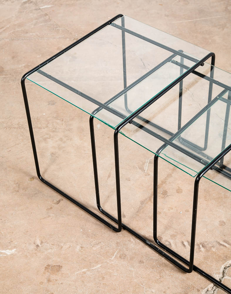 Mid Century Post Modern Nesting Tables Glass Black Iron Set 3 Adjustable Vintage - Image 9
