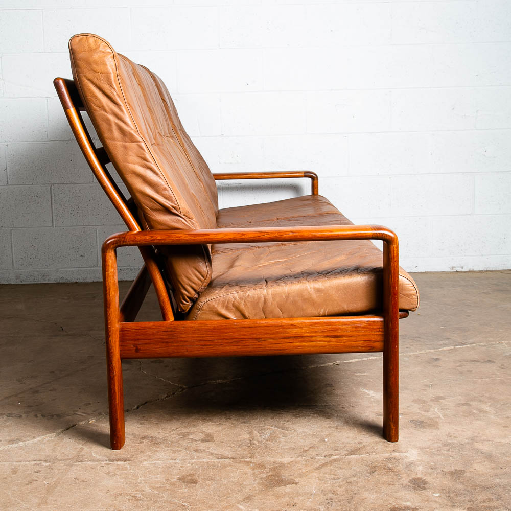 Mid Century Danish Modern Settee Sofa Komfort Tan Leather Denmark 3 Seat Teak VG - Image 3