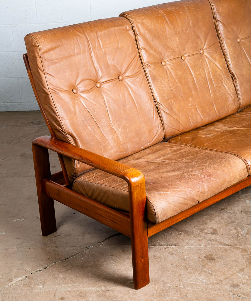 Mid Century Danish Modern Settee Sofa Komfort Tan Leather Denmark 3 Seat Teak VG - Image 11