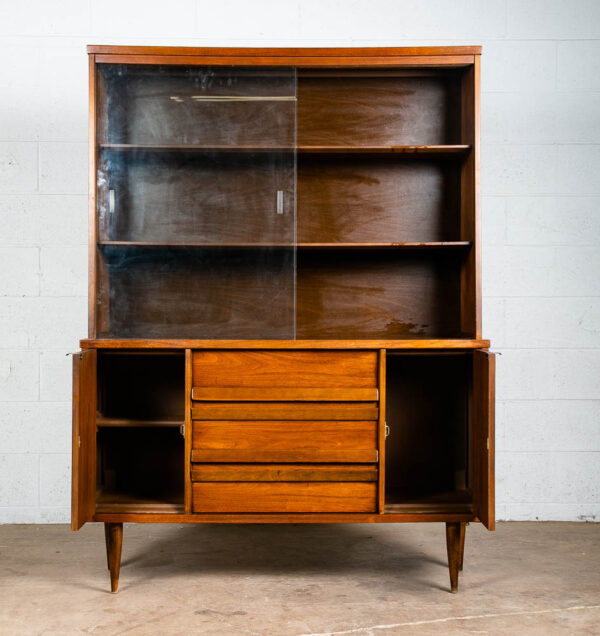 Mid Century Modern China Cabinet Hutch Bassett Walnut Display Vintage Drawers - Image 3