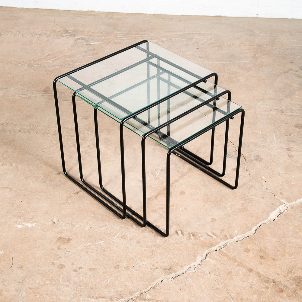 Mid Century Post Modern Nesting Tables Glass Black Iron Set 3 Adjustable Vintage - Image 2