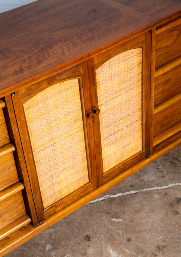 Mid Century Modern Dresser Credenza Lane Rhythm Walnut 9 Drawer Wood Danish Cane - Image 9