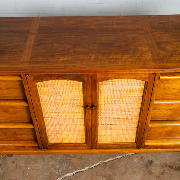 Mid Century Modern Dresser Credenza Lane Rhythm Walnut 9 Drawer Wood Danish Cane - Image 7