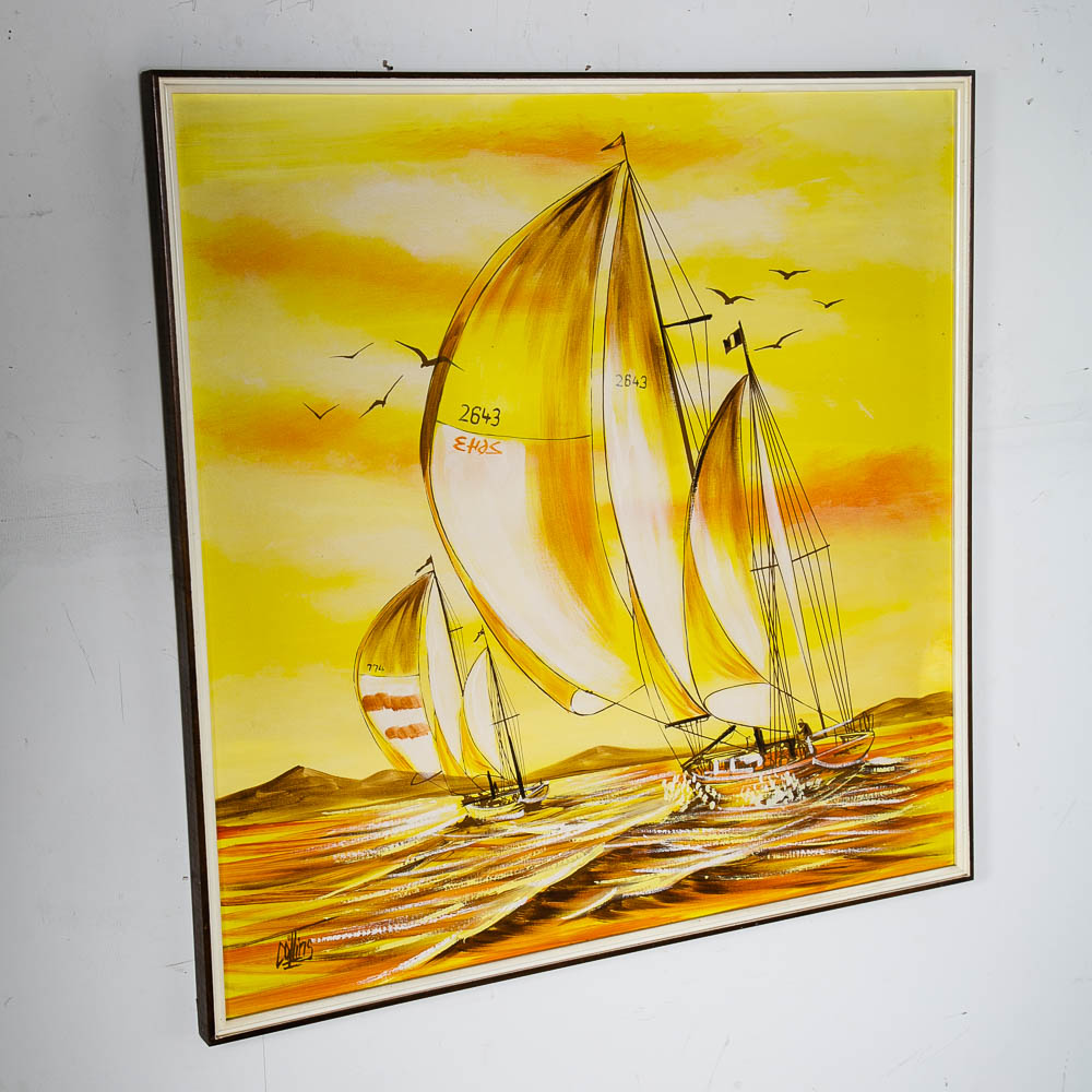 Mid Century Modern Original Art Guyot Boat Sailboat Brown Oil On Board Signed NM - Image 2