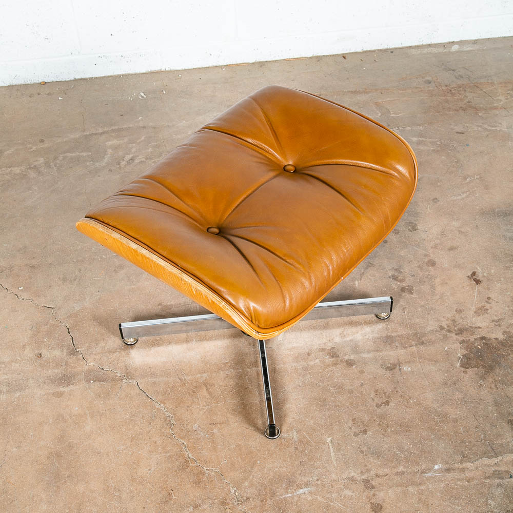 Mid Century Modern Lounge Chair Plycraft Brown Tan Leather Swivel Ottoman Wood - Image 7