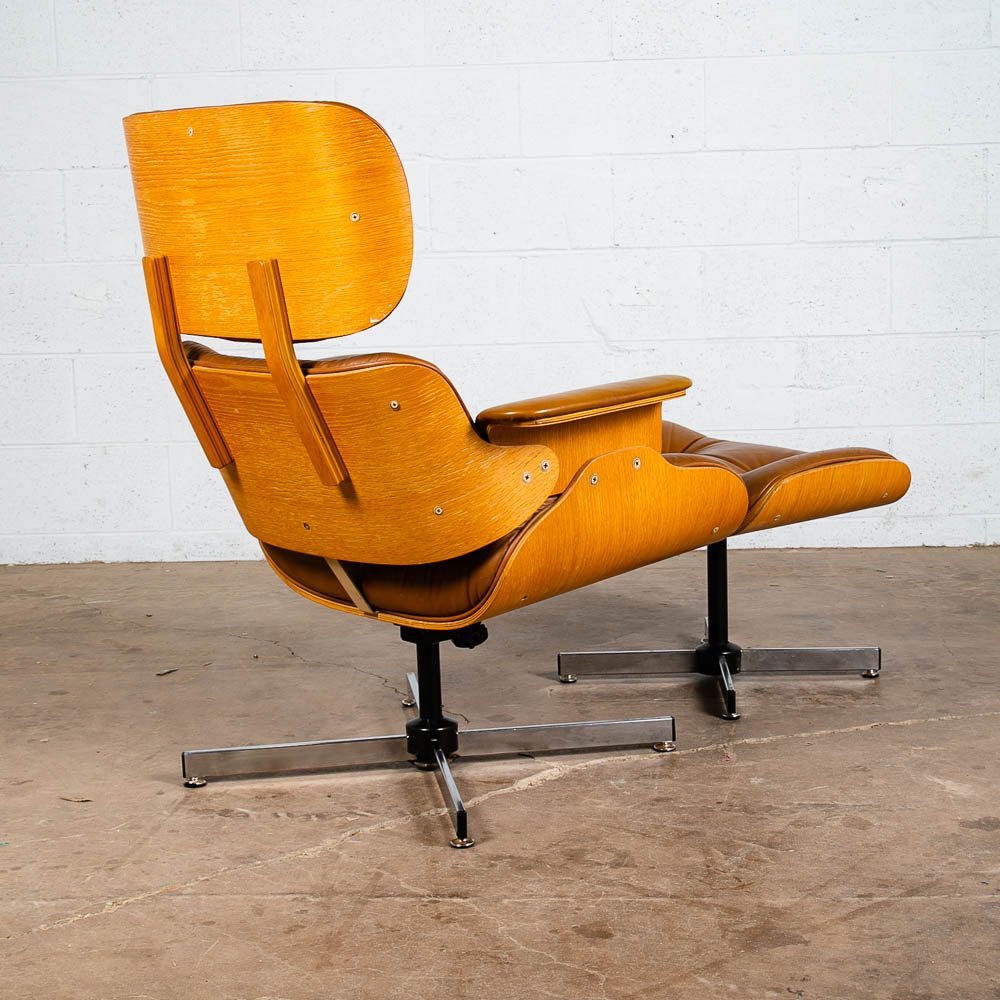 Mid Century Modern Lounge Chair Plycraft Brown Tan Leather Swivel Ottoman Wood - Image 3