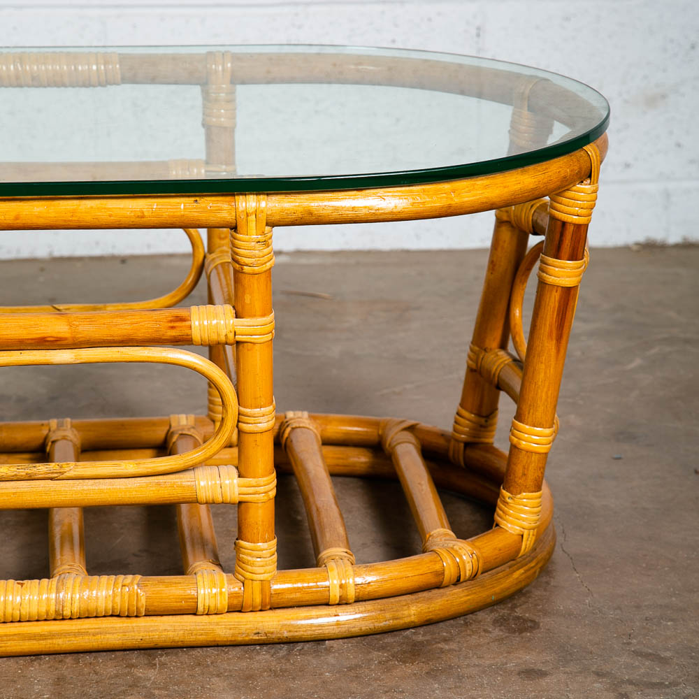 Mid Century Modern Coffee Table Round Oval Glass Rattan Basket Mcm 70s Retro Mcm - Image 8