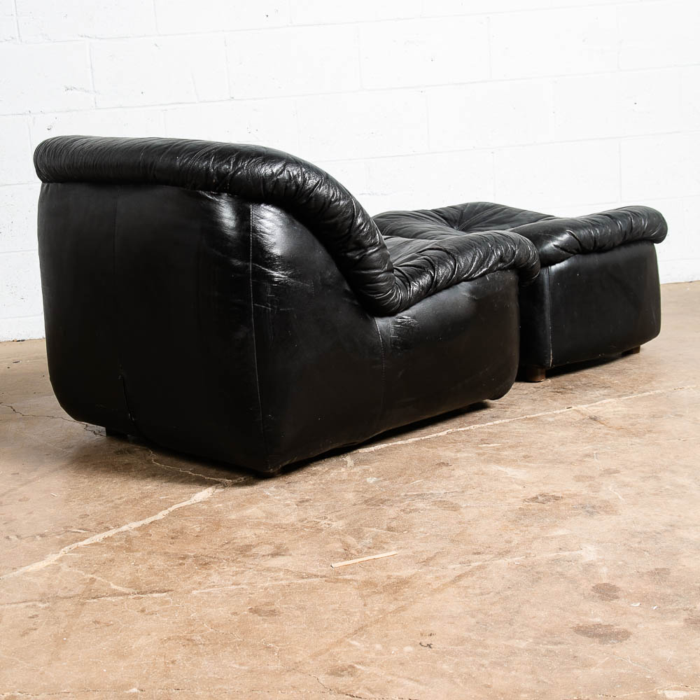 Mid Century Modern Lounge Chair Black Leather Ottoman Set 80s Vintage Retro Seat - Image 4