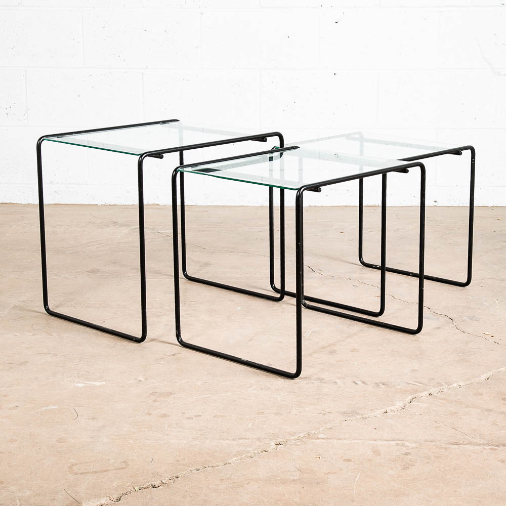Mid Century Post Modern Nesting Tables Glass Black Iron Set 3 Adjustable Vintage - Image 6