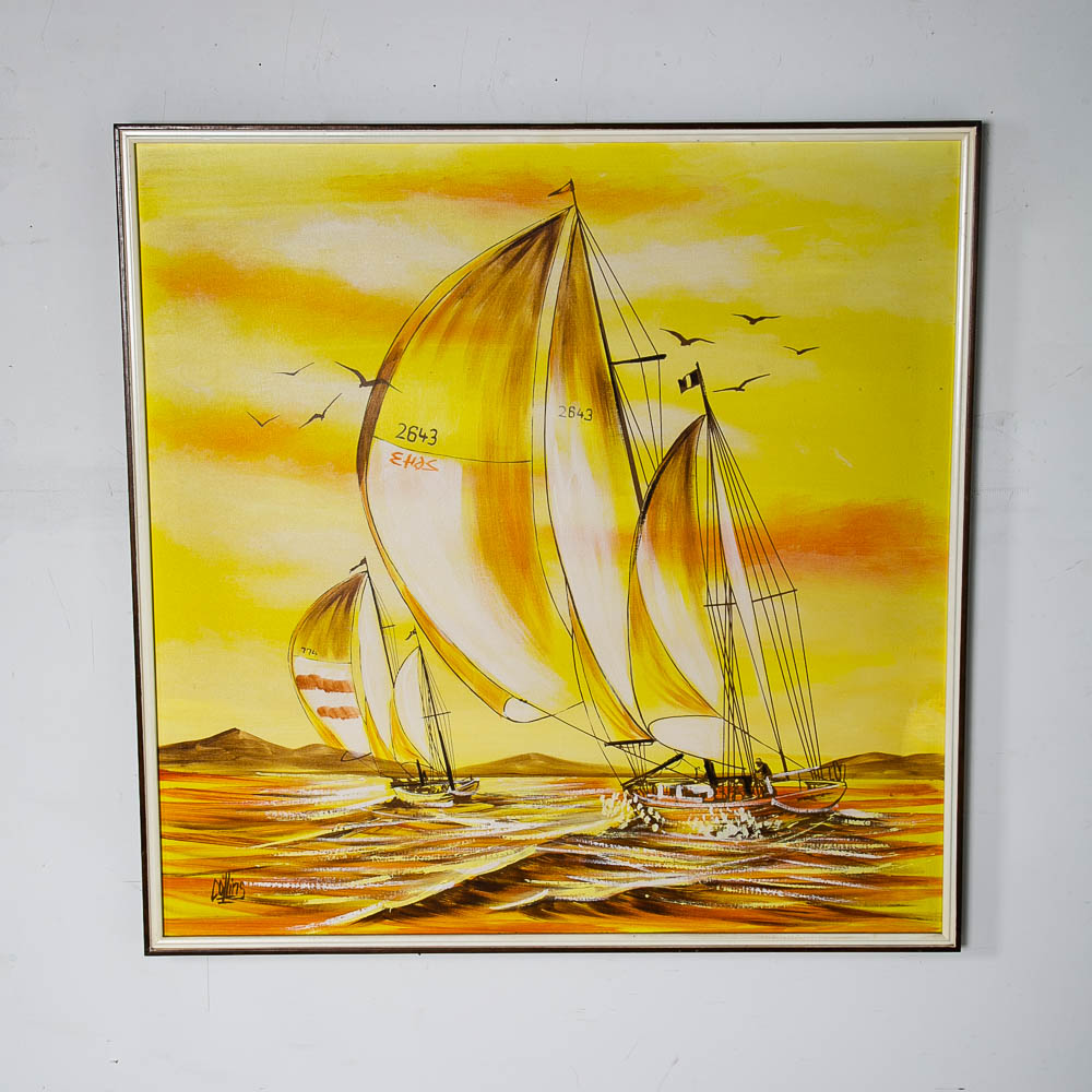 Mid Century Modern Original Art Guyot Boat Sailboat Brown Oil On Board Signed NM