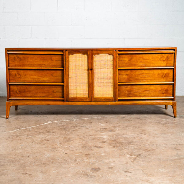 Mid Century Modern Dresser Credenza Lane Rhythm Walnut 9 Drawer Wood Danish Cane - Image 2