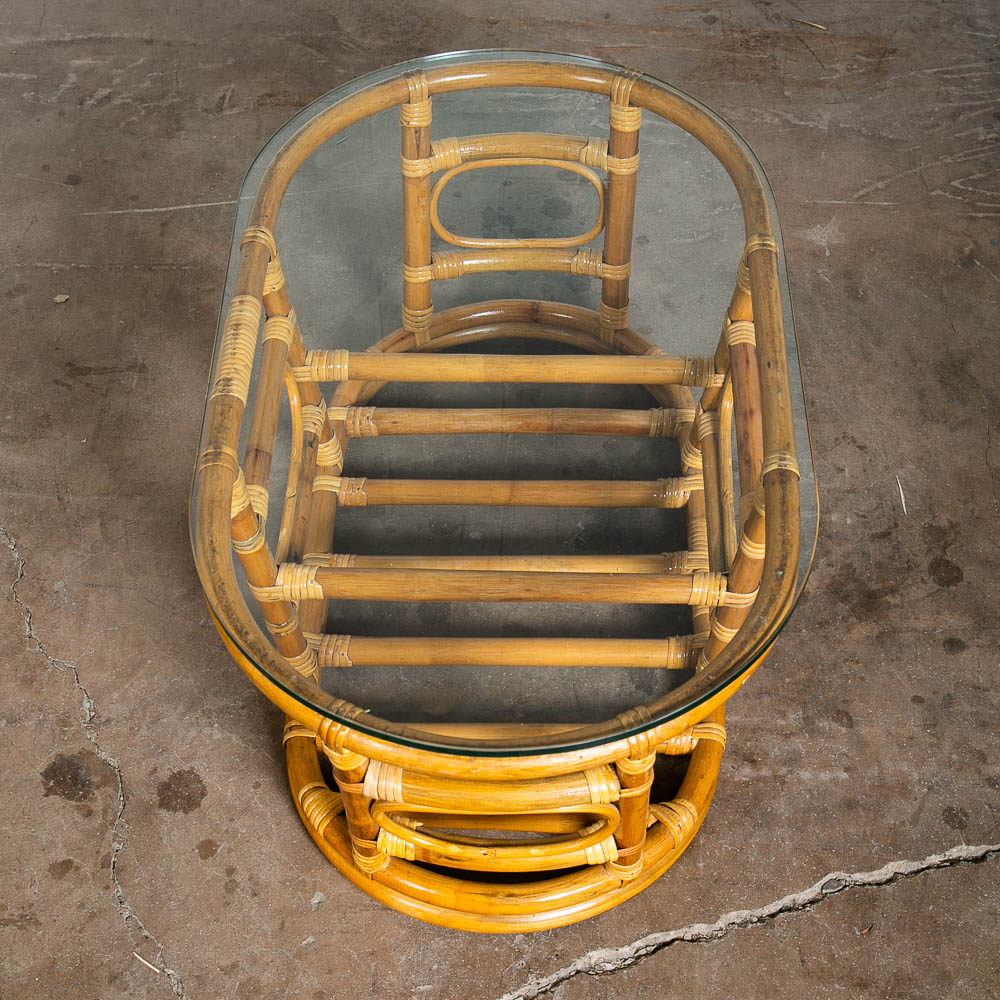 Mid Century Modern Coffee Table Round Oval Glass Rattan Basket Mcm 70s Retro Mcm - Image 3