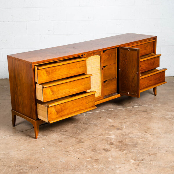 Mid Century Modern Dresser Credenza Lane Rhythm Walnut 9 Drawer Wood Danish Cane - Image 3