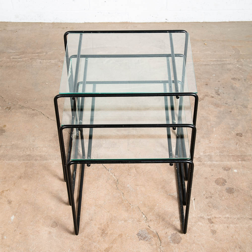 Mid Century Post Modern Nesting Tables Glass Black Iron Set 3 Adjustable Vintage - Image 11