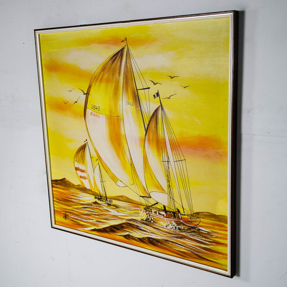 Mid Century Modern Original Art Guyot Boat Sailboat Brown Oil On Board Signed NM - Image 3
