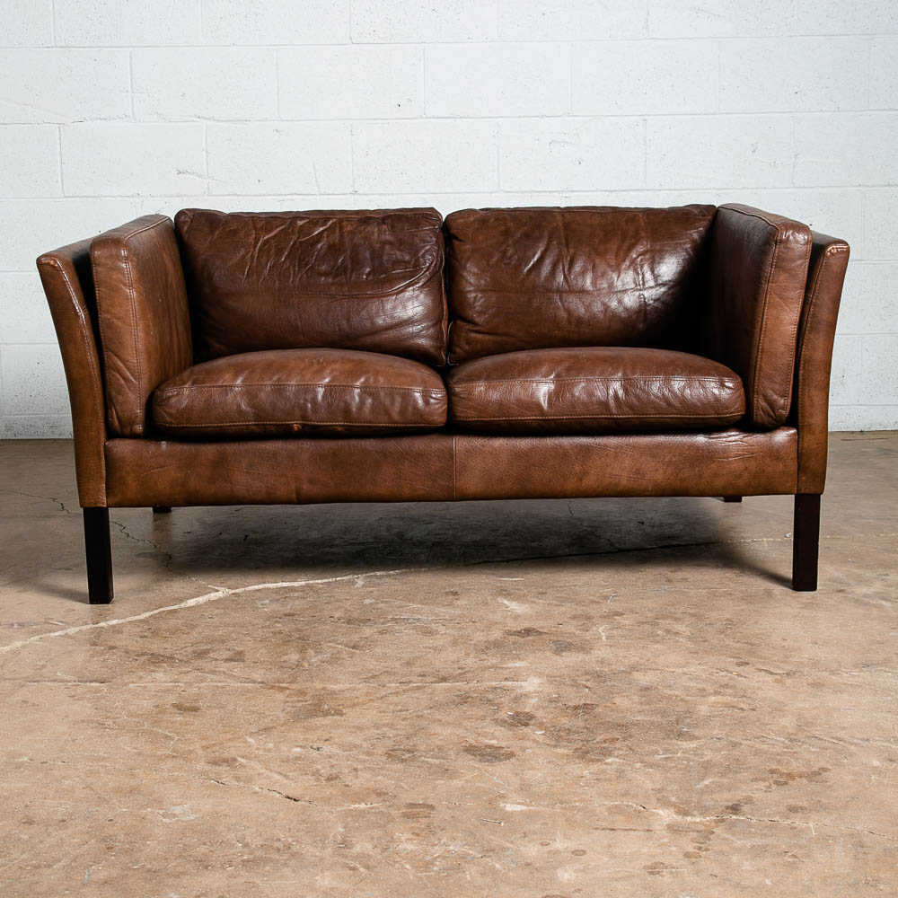 Mid Century Danish Modern Sofa Settee 2 Seater Stouby Brown Leather Denmark VG - Image 2