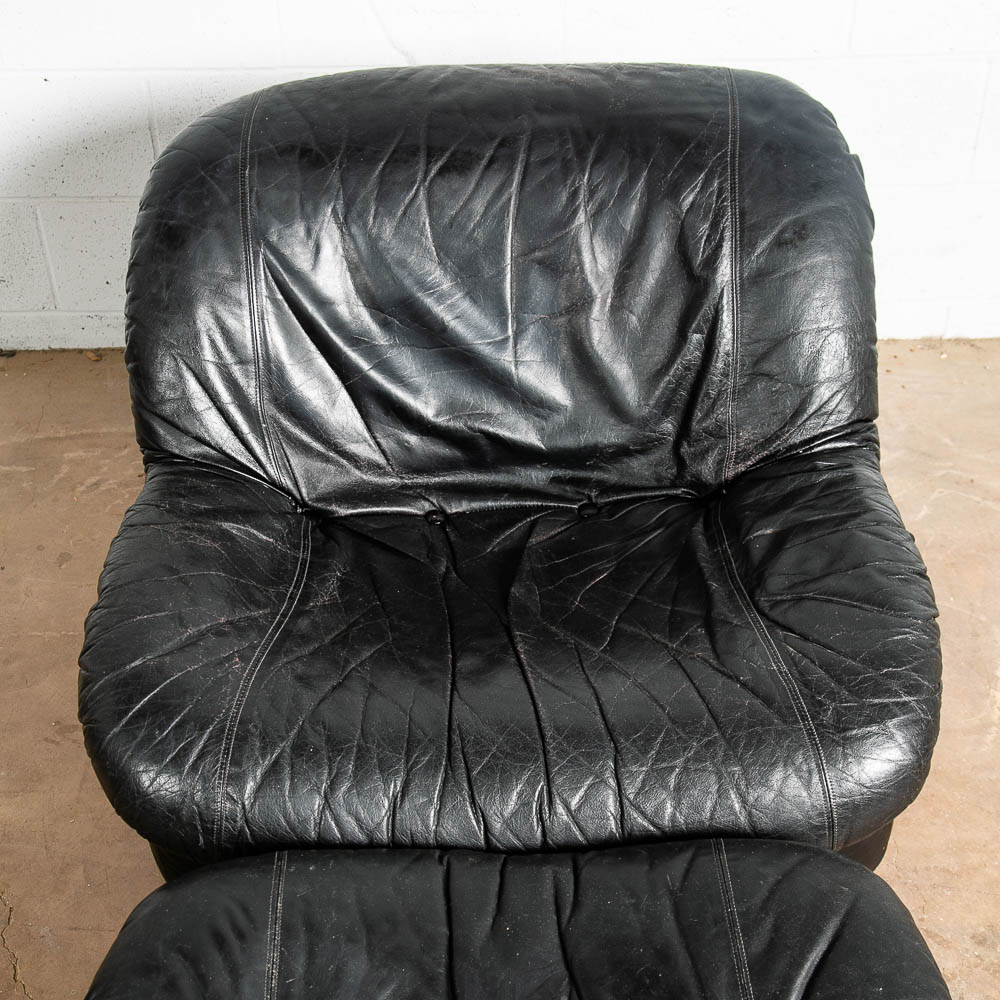 Mid Century Modern Lounge Chair Black Leather Ottoman Set 80s Vintage Retro Seat - Image 11