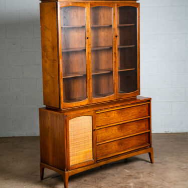 Mid Century Modern China Cabinet Lane Rhythm Walnut Cane Front Glass Display NM