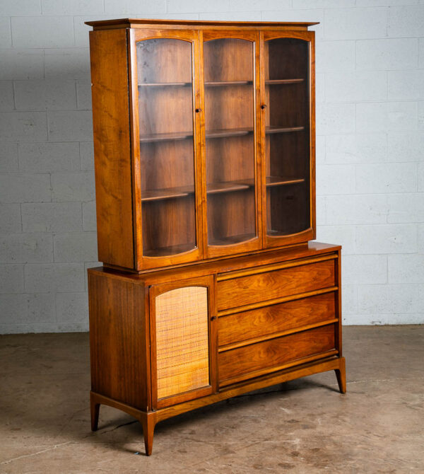 Mid Century Modern China Cabinet Lane Rhythm Walnut Cane Front Glass Display NM