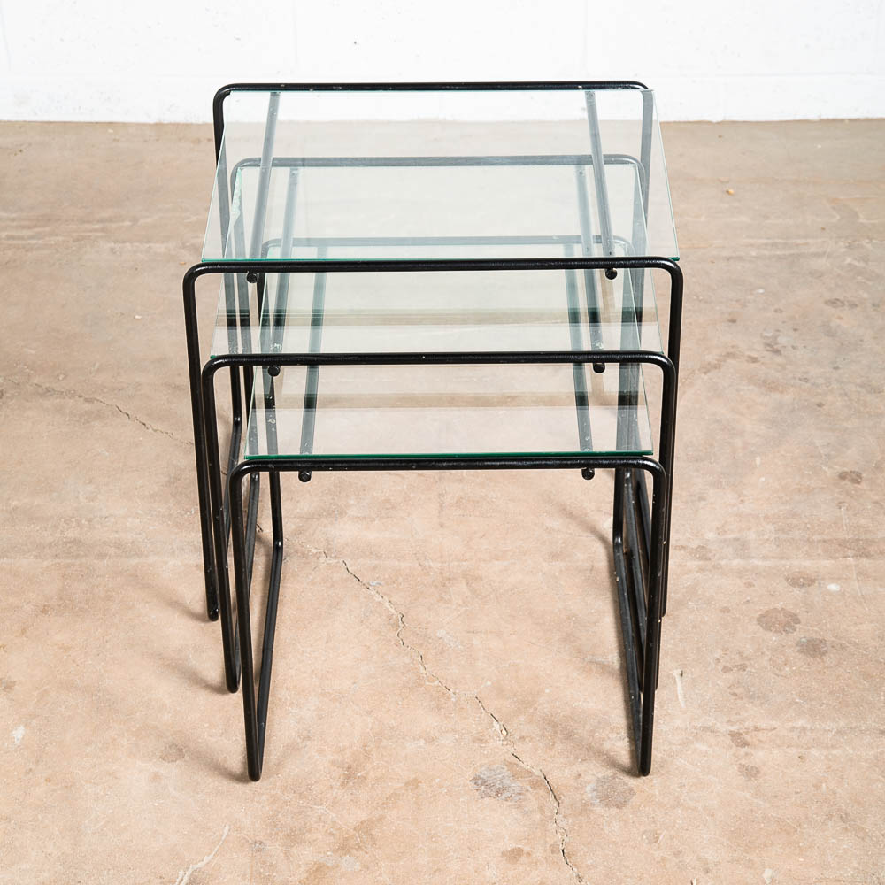 Mid Century Post Modern Nesting Tables Glass Black Iron Set 3 Adjustable Vintage - Image 3