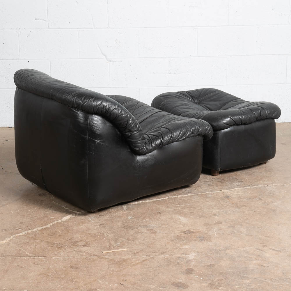 Mid Century Modern Lounge Chair Black Leather Ottoman Set 80s Vintage Retro Seat - Image 5