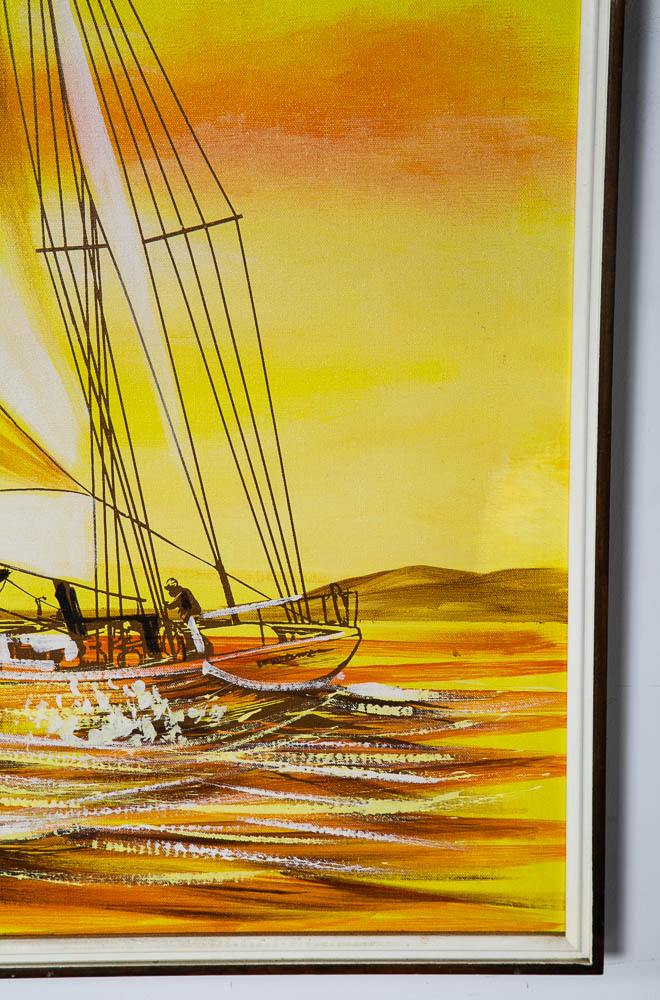 Mid Century Modern Original Art Guyot Boat Sailboat Brown Oil On Board Signed NM - Image 6