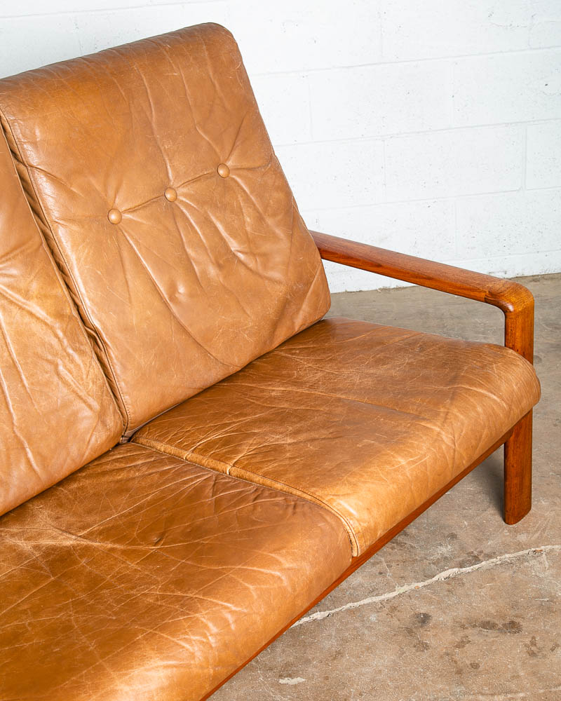 Mid Century Danish Modern Settee Sofa Komfort Tan Leather Denmark 3 Seat Teak VG - Image 6