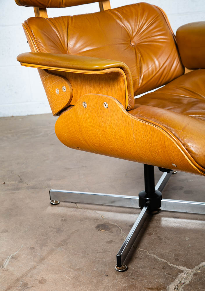 Mid Century Modern Lounge Chair Plycraft Brown Tan Leather Swivel Ottoman Wood - Image 8