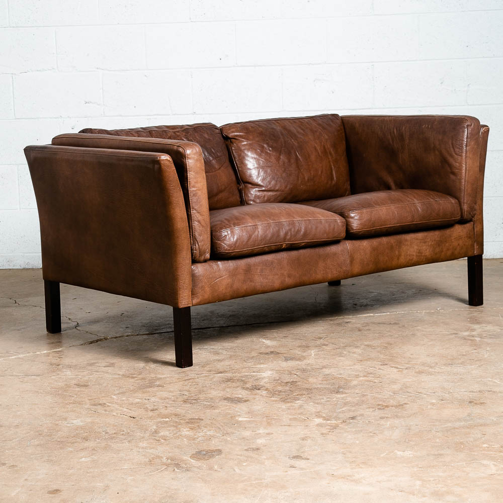 Mid Century Danish Modern Sofa Settee 2 Seater Stouby Brown Leather Denmark VG