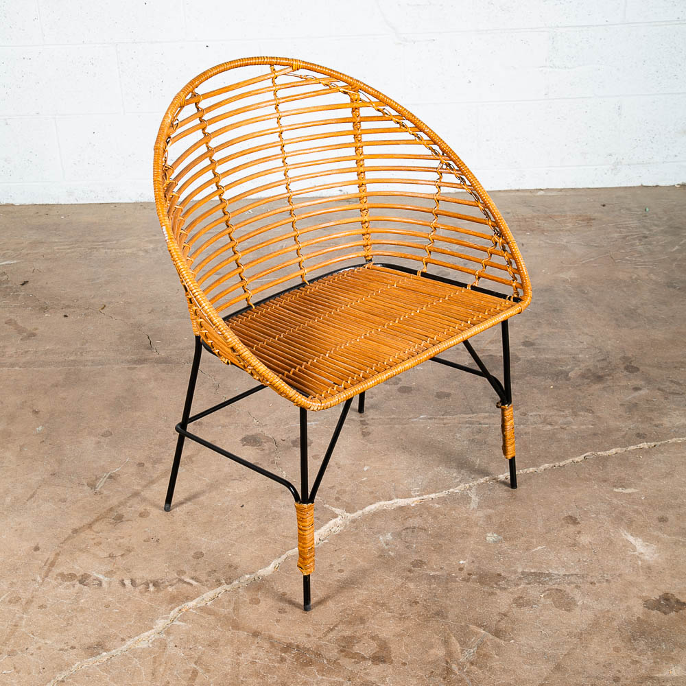 Mid Century Modern Lounge Chair Side Rush Cane Rattan Iron Wrapped 1970s Vintage