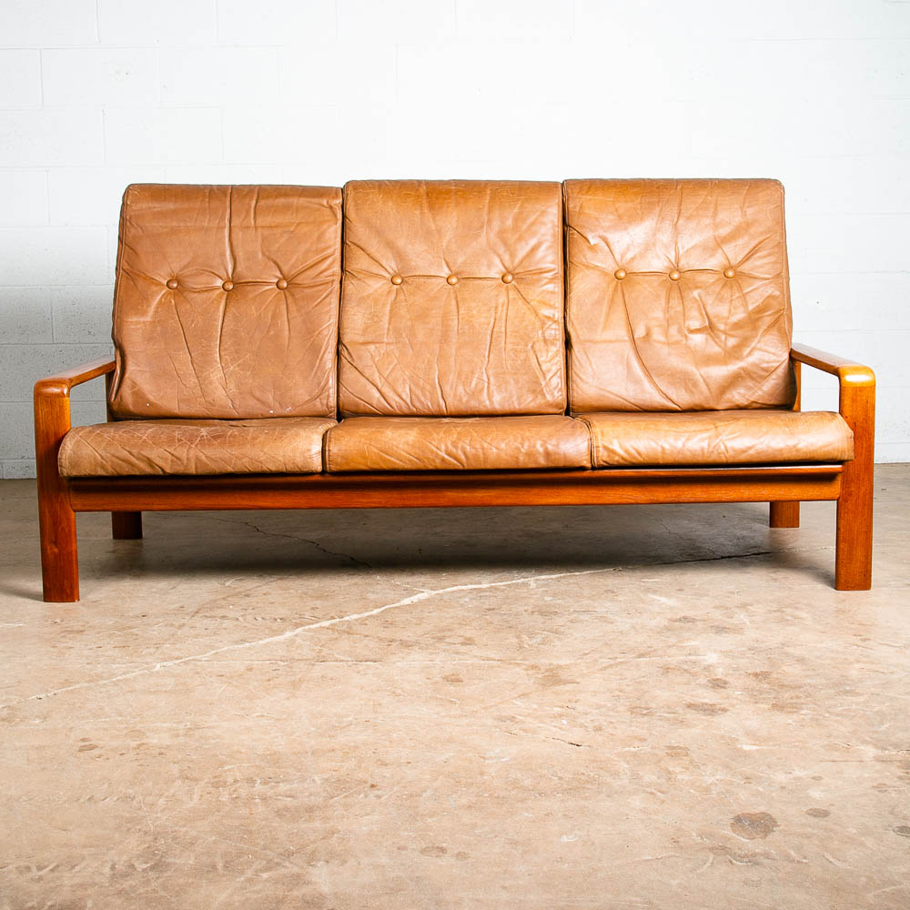 Mid Century Danish Modern Settee Sofa Komfort Tan Leather Denmark 3 Seat Teak VG - Image 2