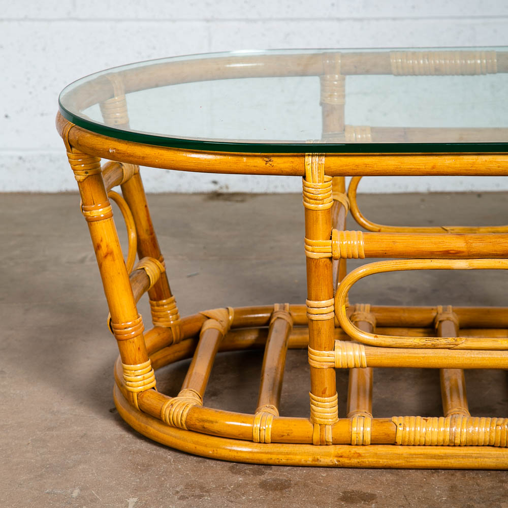 Mid Century Modern Coffee Table Round Oval Glass Rattan Basket Mcm 70s Retro Mcm - Image 5