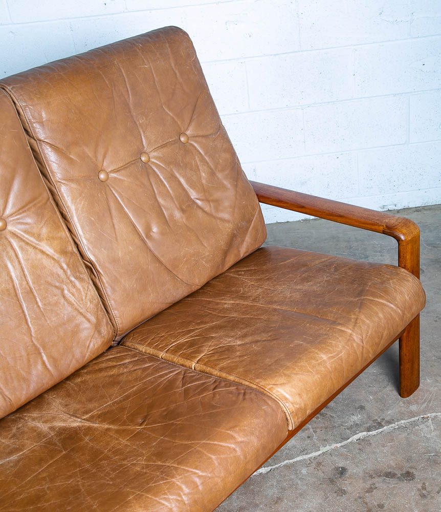 Mid Century Danish Modern Settee Sofa Komfort Tan Leather Denmark 3 Seat Teak VG - Image 8