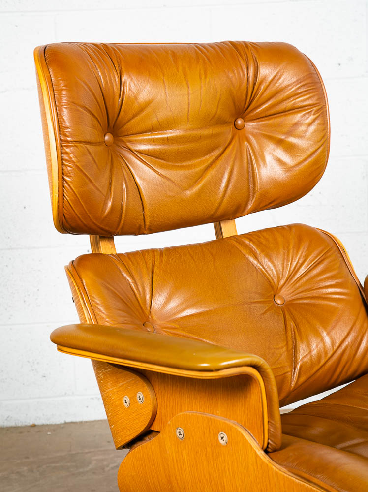 Mid Century Modern Lounge Chair Plycraft Brown Tan Leather Swivel Ottoman Wood - Image 9