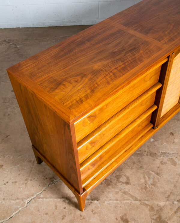 Mid Century Modern Dresser Credenza Lane Rhythm Walnut 9 Drawer Wood Danish Cane - Image 11