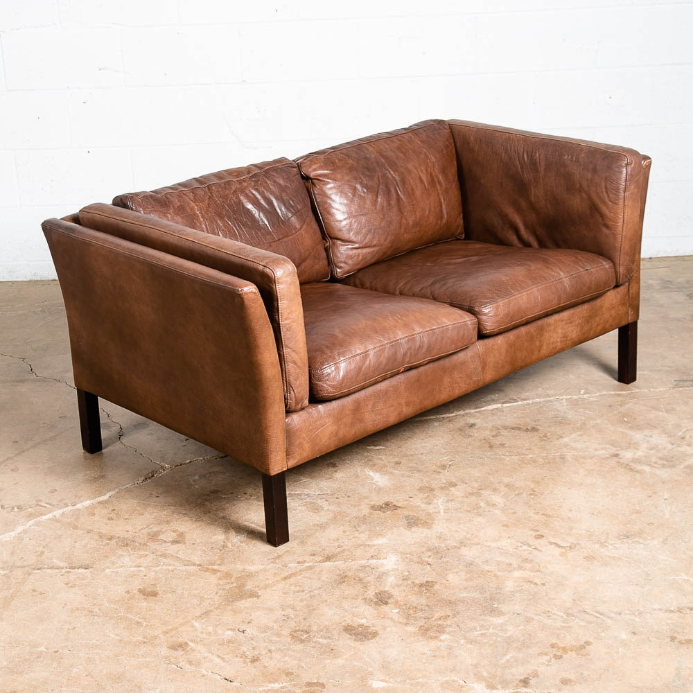 Mid Century Danish Modern Sofa Settee 2 Seater Stouby Brown Leather Denmark VG - Image 3