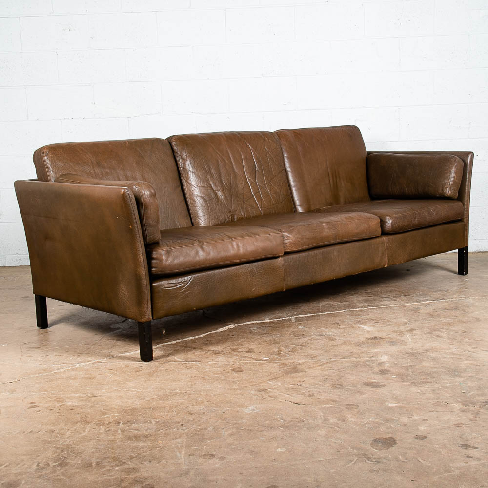 Mid Century Danish Modern Sofa Couch Brown Leather Stouby Borge Mogensen 3 seat