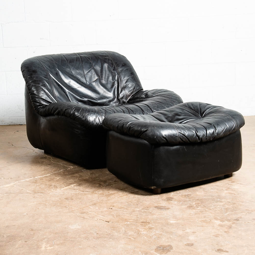 Mid Century Modern Lounge Chair Black Leather Ottoman Set 80s Vintage Retro Seat